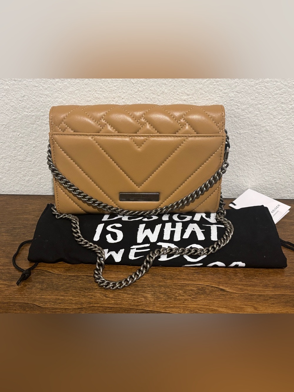 Kurt Geiger Quilted Crossbody Bag in Tan with Gun Metal Chain - Picture 8 of 12